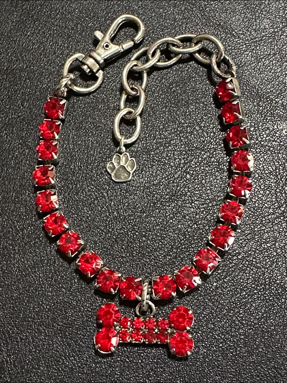 Red Rhinestone Silver Tone Small Dog Collar With Dangling Red Charm